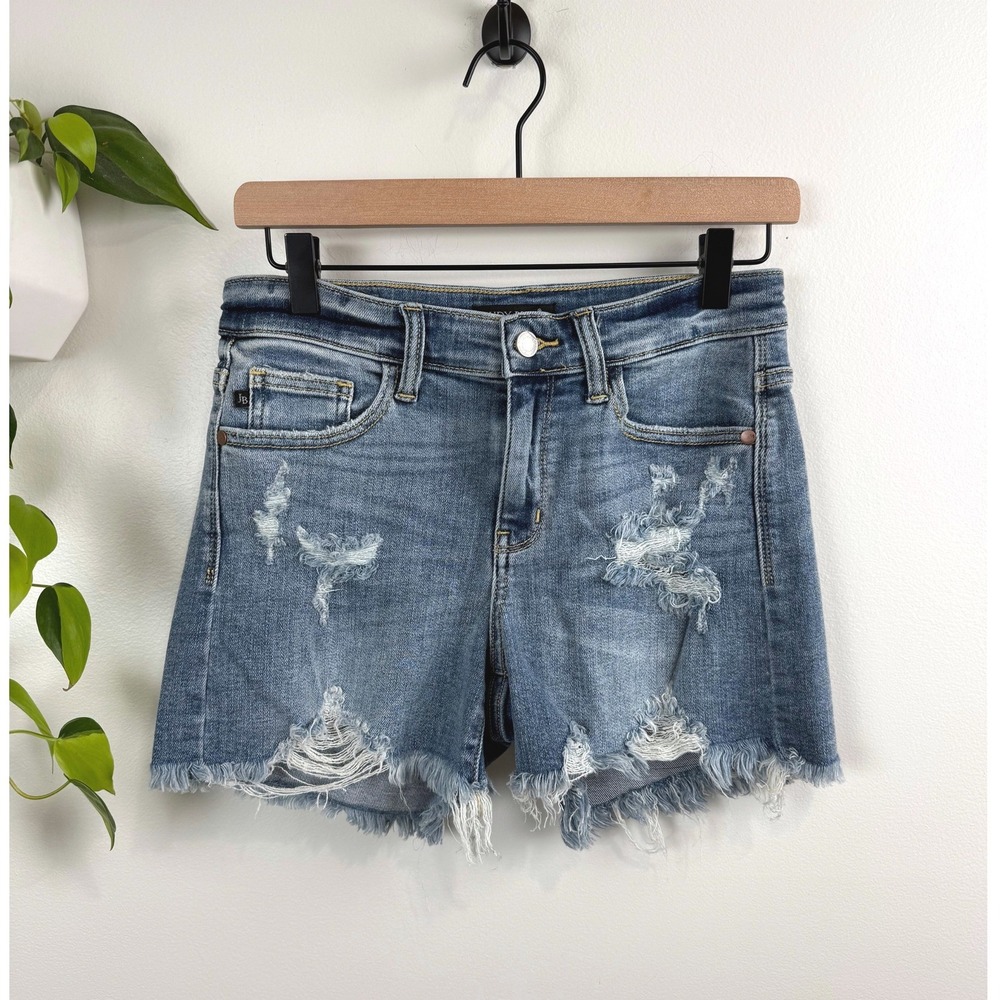 Judy Blue Womens Distressed Denim Shorts Light Wash Mid-Rise Frayed Hem S